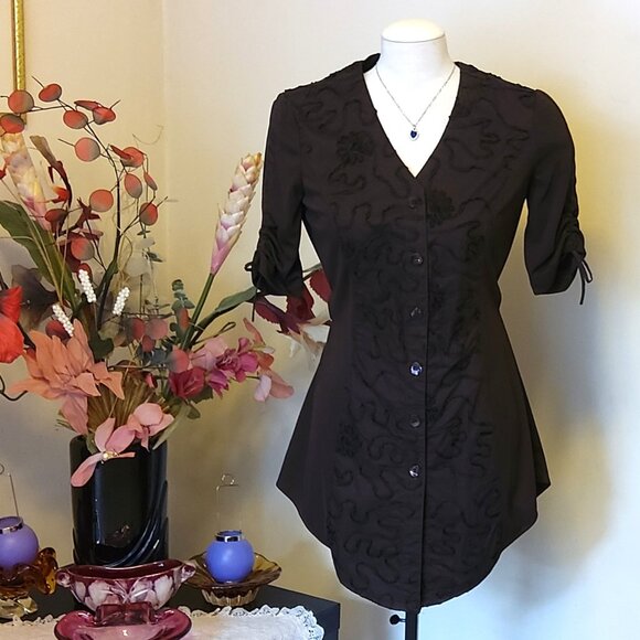 NWOT Women's KAPALUA Dark Brown Short Sleeve V-Neck Mini Shirt Dress Size M 6 8 - Picture 7 of 9